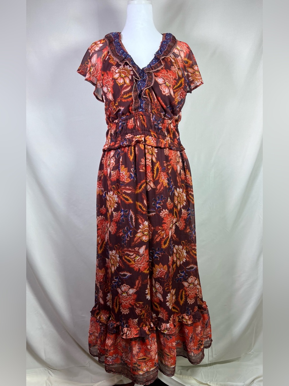 Old Navy Burgundy Floral Maxi Dress with Elastic Waist & Ruffle V-Neck- Med Tall